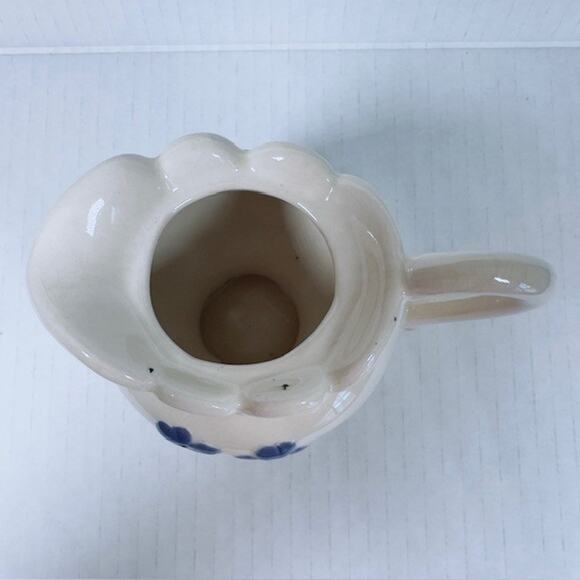 Vintage Folk Art Creamer/ Small Pitcher Ceramic Hand Painted White w/Blue Flower - Picture 9 of 12
